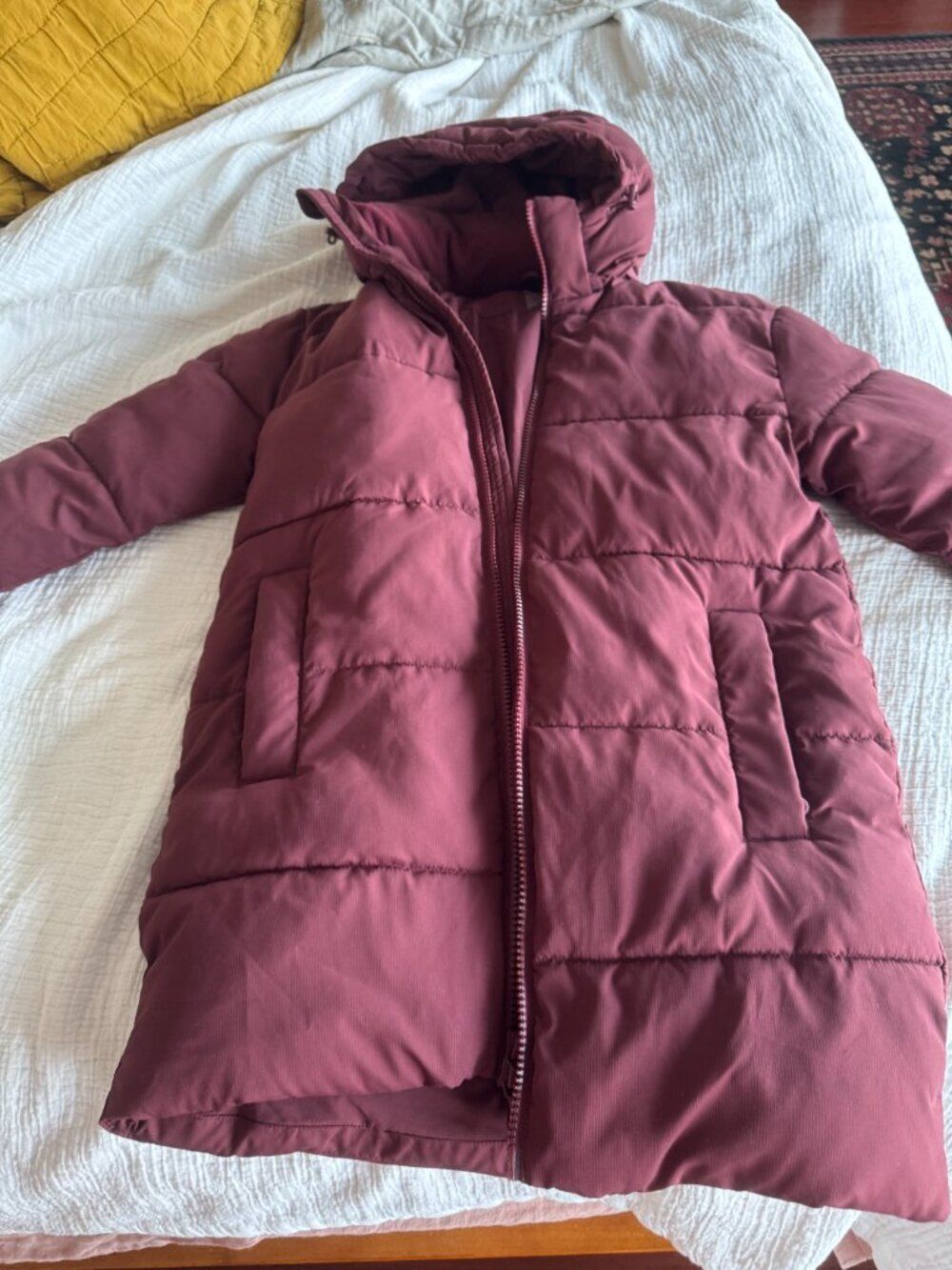 Girlfriend Collective Maroon Long Puffer Coat Hooded Recycled Sz XXS